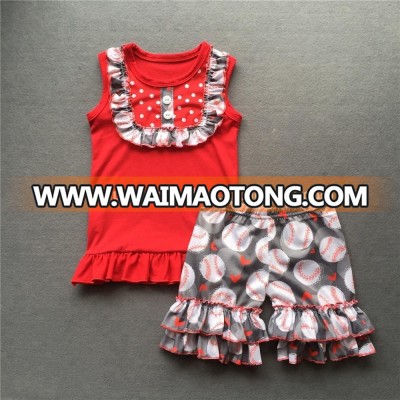 Yiwu Factory Baby Clothes Bulk Wholesale Children Girls Red Tunic Top and Baseball Ruffled Shorts Sets