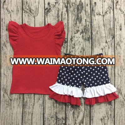 Trendy Children Clothing Wholesale Little Girls Red Navy Stars Ruffle Shorts Outfits Sets for Independence Day