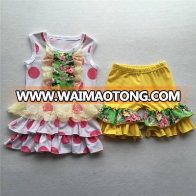 New Style Cotton Pink Polka-dot Tunic Top with Yellow Shorts Girls Clothing Sets with Ruffles